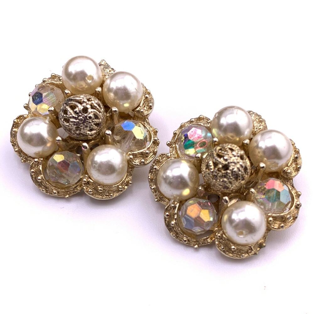 Vintage West Germany Pearl Cluster Clip On Earrings AB Crystal Gold Tone